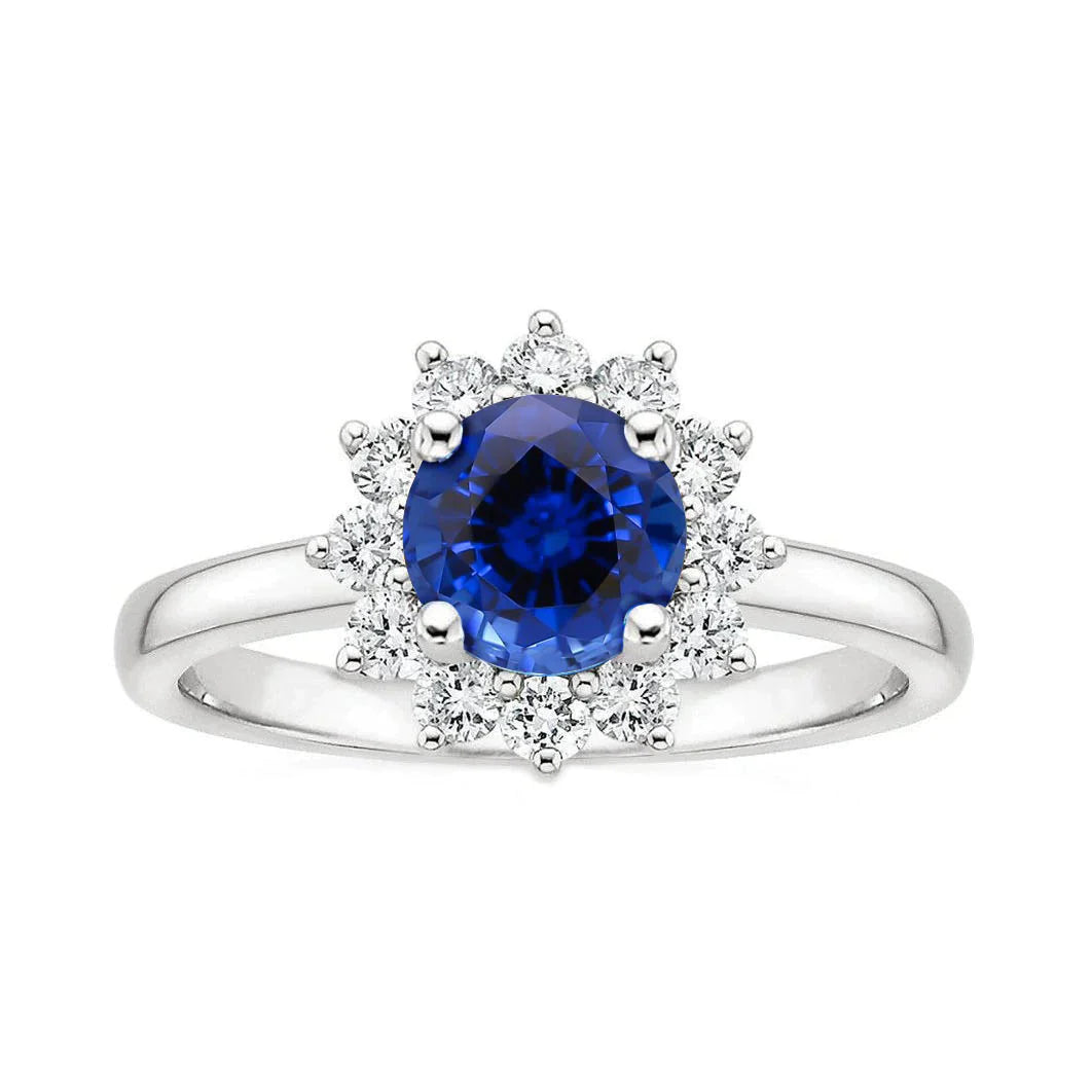 Anel Redondo De Safira Ceilão 2,20 Quilates Jóias Com Diamante Ouro Branco 14K