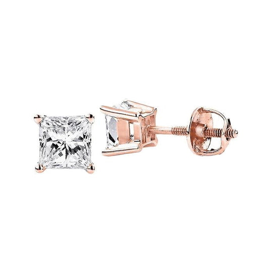 Brinco com pino de diamante em forma de princesa de 3 quilates e ouro rosa fino 14K - harrychadent.pt