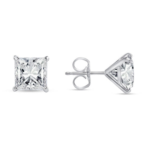 3.00 Carats Diamonds Ladies Studs Earrings Princess Cut White Gold 14K