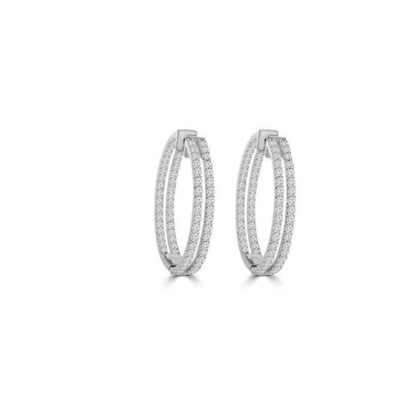 Brincos de argola de diamante branco de 4.50 ct dupla fileira redonda lapidada em ouro branco 14K - harrychadent.pt