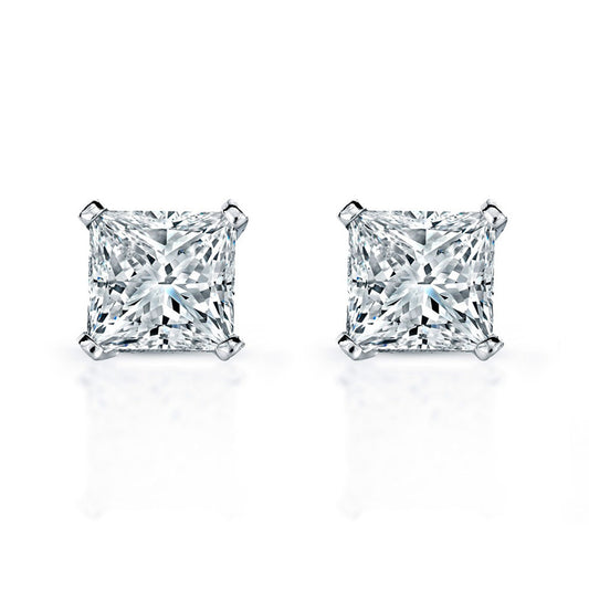 4 Carats Women Stud Earrings Princess Cut Diamonds White Gold 14K