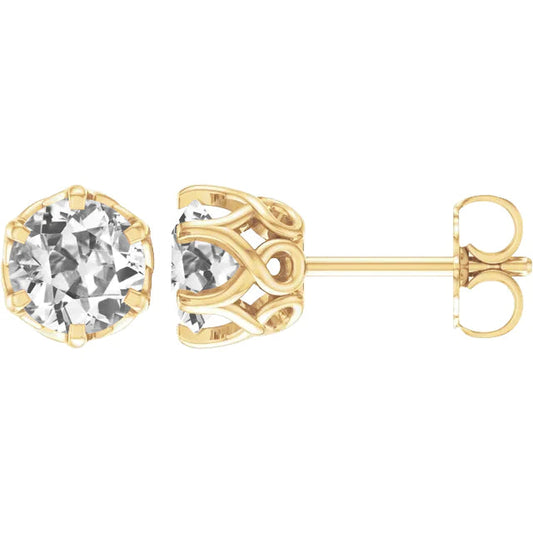 Brincos Criss Cross Solitaire Stud ouro amarelo 3 quilates corte antigo pushbacks