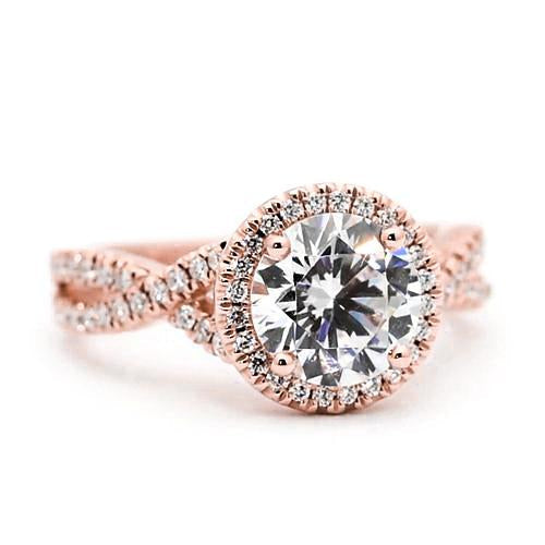 Anel de noivado de diamante Halo 2.50 quilates redondo ouro rosa acentuado 14K joias - harrychadent.pt
