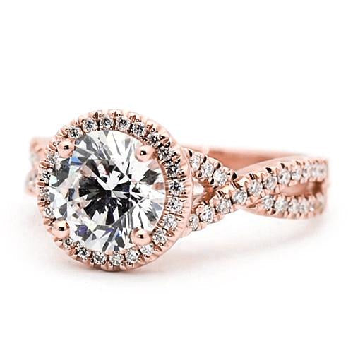 Anel de noivado de diamante Halo 2.50 quilates redondo ouro rosa acentuado 14K joias - harrychadent.pt