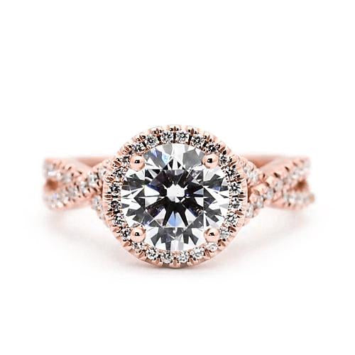 Anel de noivado de diamante Halo 2.50 quilates redondo ouro rosa acentuado 14K joias - harrychadent.pt