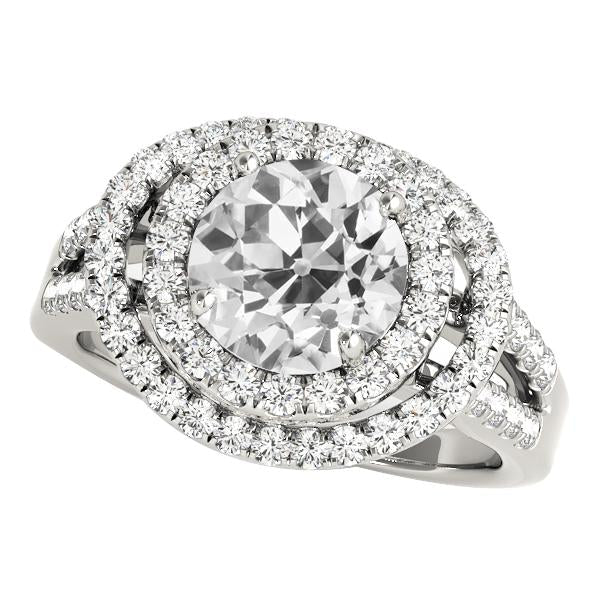 Duplo Halo redondo antigo mineiro anel de diamante pavimentado conjunto 7 quilates ouro branco - harrychadent.pt