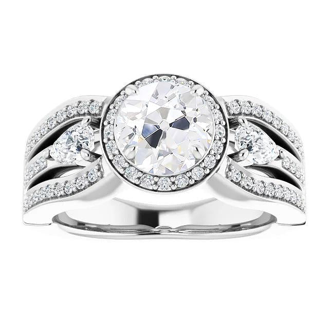 Halo Ring Pear & Round Old Cut Diamond com acentos de linha tripla 5.50 quilates - harrychadent.pt