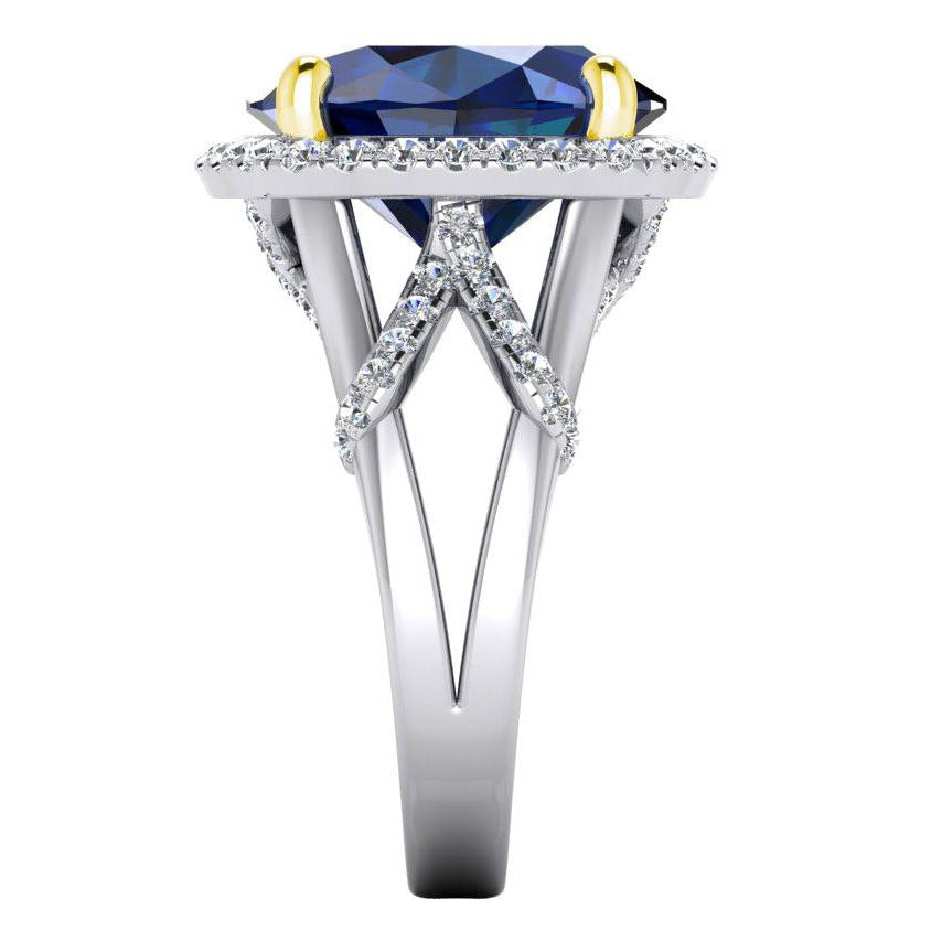 Anel de pedra preciosa de safira azul oval e diamante de corte redondo 7.81 quilates