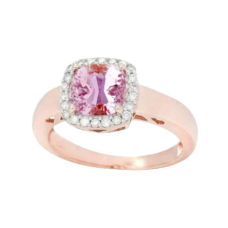 Anel Ouro Rosa 14K Kunzita Rosa Diamantes 18,75 Quilates