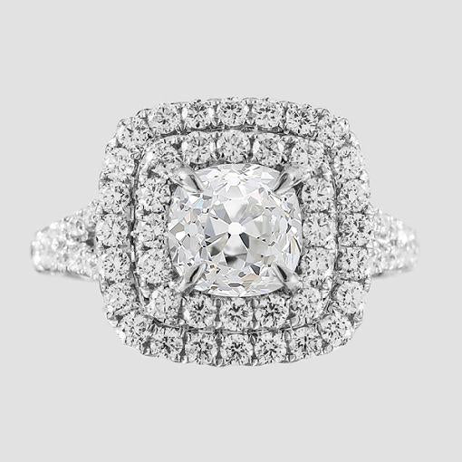 Almofada Halo Dupla Diamante Redondo Almofada Old Cut Ring Pave Conjunto de 4.25 quilates - harrychadent.pt