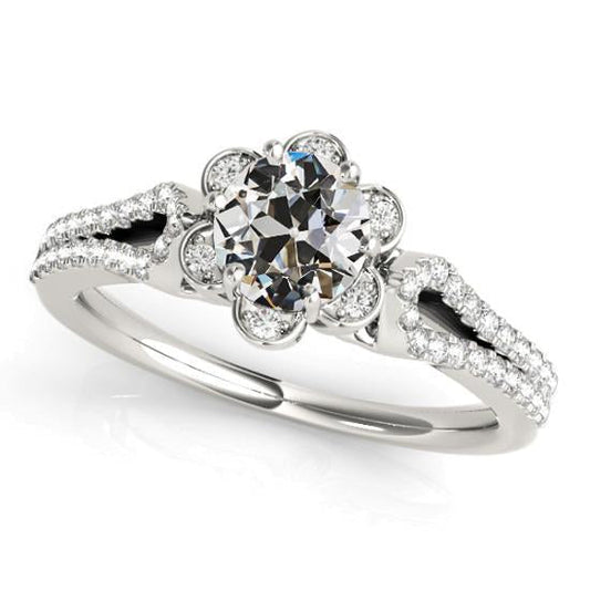 Anel de diamante redondo de minerador antigo halo flor estilo haste dividida 4.50 quilates - harrychadent.pt