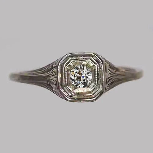 Anel Solitário de Aniversário Redondo Diamante Antigo Corte Mina 0,50 Quilatos