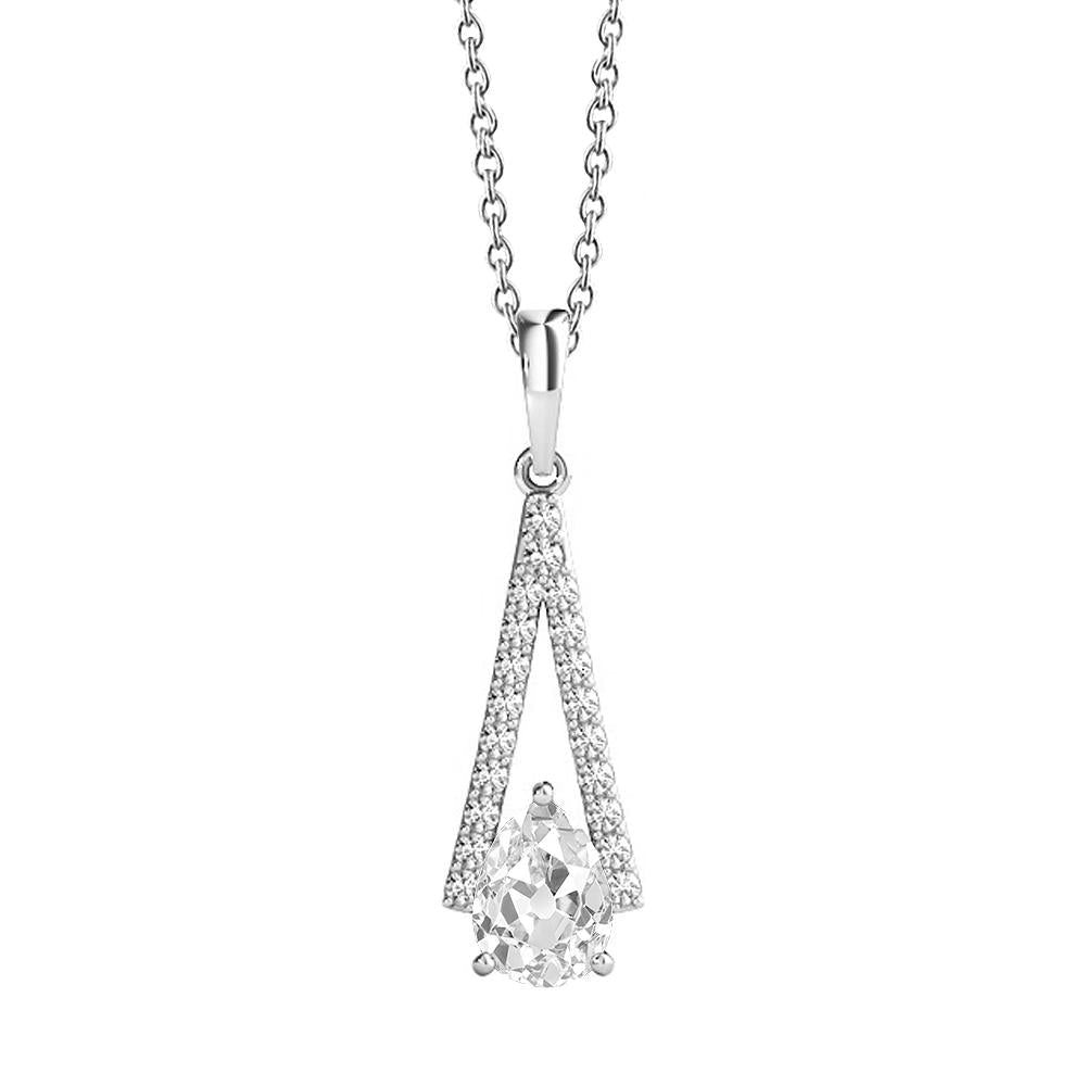 Pendente de diamante de ouro branco 14K em forma de V redondo e pera antigo mineiro 2 quilates - harrychadent.pt