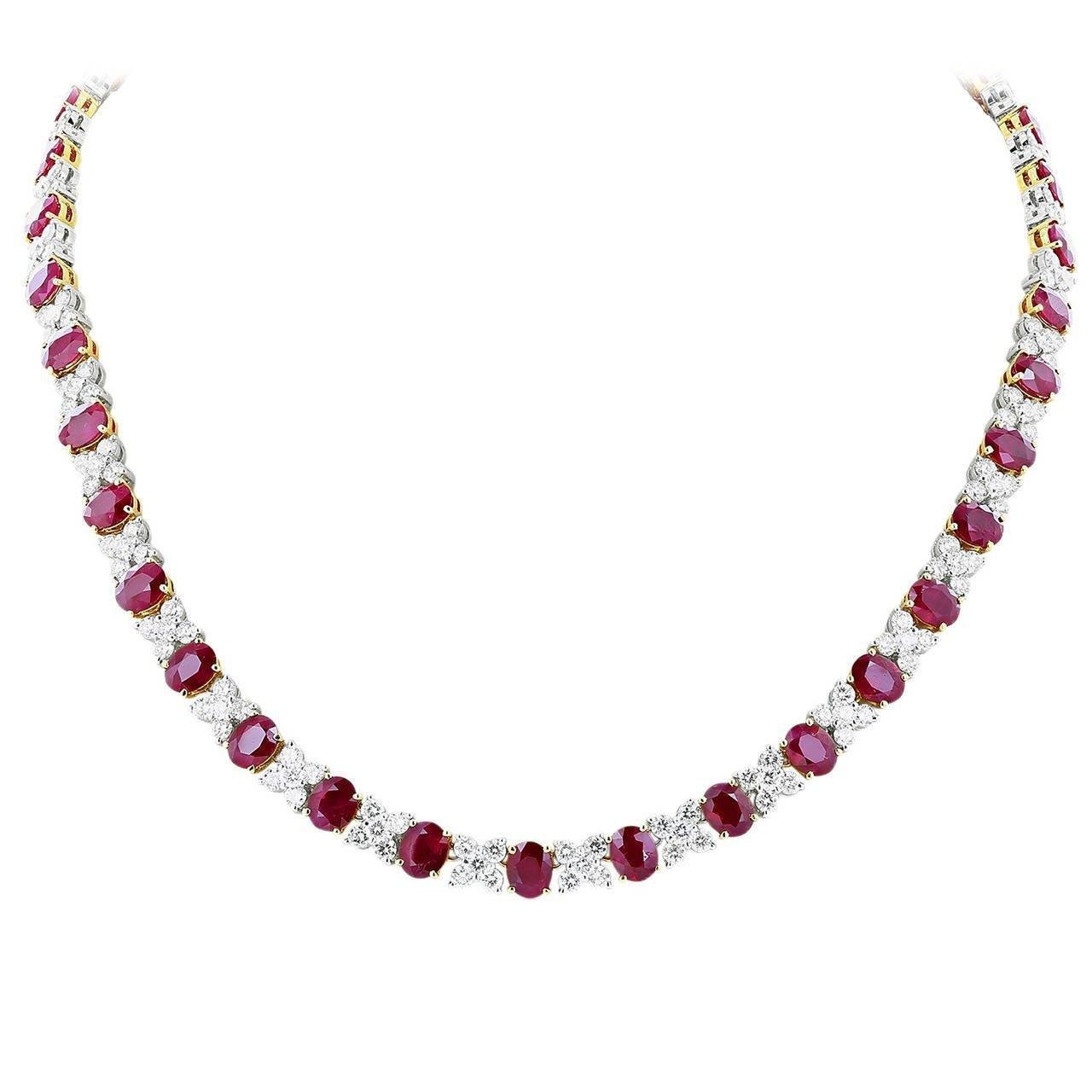 Novo colar de rubi oval de ouro branco 14K 32 ct com diamantes redondos - harrychadent.pt