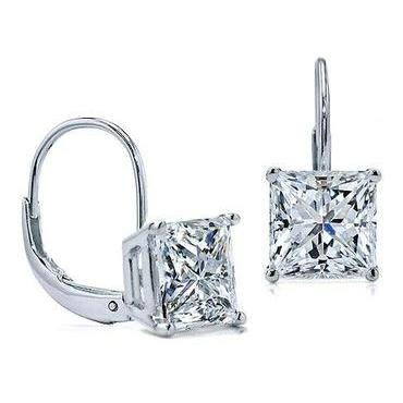 Brincos de diamante 2 quilates D Vvs1 Princess Cut Leverback Eurowire ouro branco 14K - harrychadent.pt