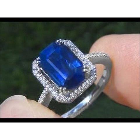 Safira de corte azul esmeralda 2.70 quilates com anel de diamante em ouro branco 14K - harrychadent.pt