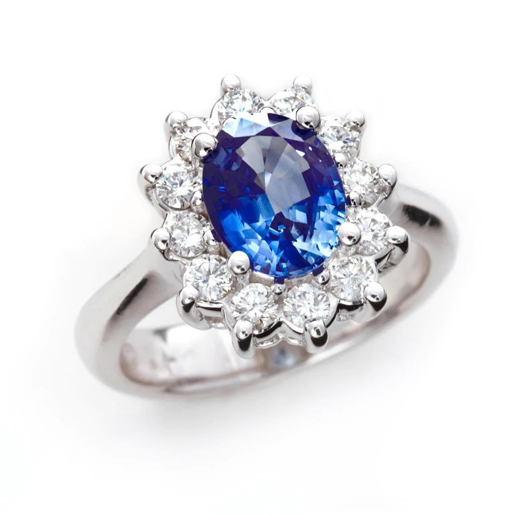 3,60 Quilates Safira Azul E Diamante Anel Estilo Flor Ouro Branco 14K