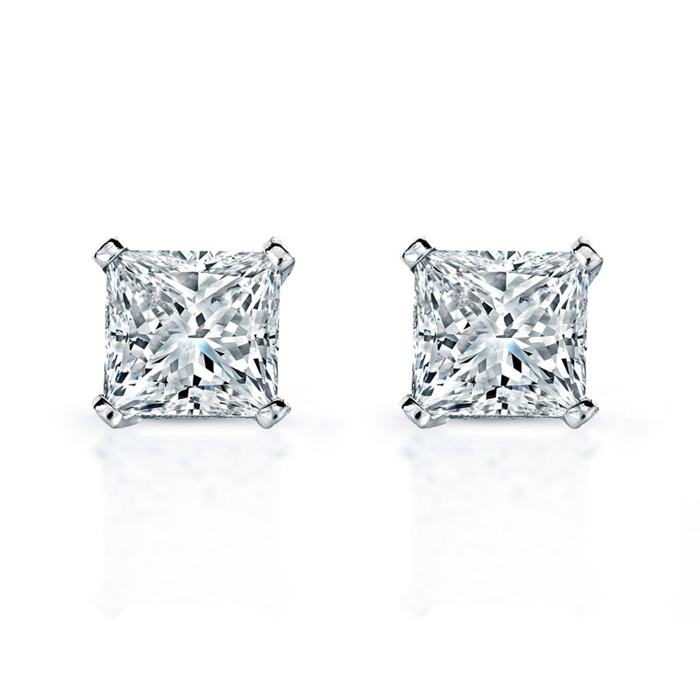 4 Carats Women Stud Earrings Princess Cut Diamonds White Gold 14K