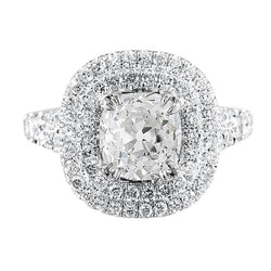 Double Halo Ring Old Cut Cushion Real Diamond Pave Set 5.50 Carats
