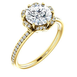 Flower Style 1.71 Carat Round Diamond Engagement Halo Ring YG 14K