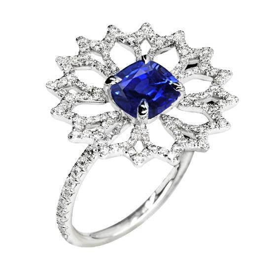 Almofada estilo flor e anel redondo de diamante azul safira 2.51 ct. - harrychadent.pt
