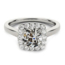 Gold Halo Round Old Mine Cut Diamond Ring Tapered Shank 3 Carats