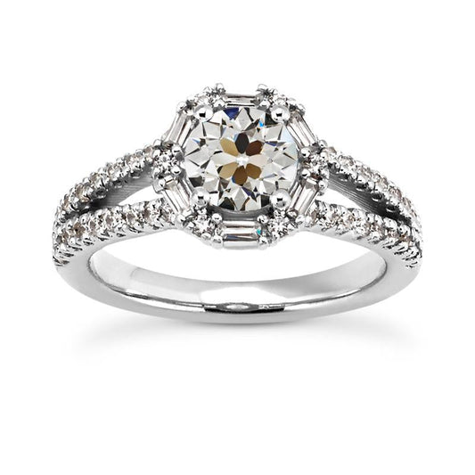 Halo Baguette e anel de diamante redondo Old Cut com haste dividida 5.50 quilates - harrychadent.pt