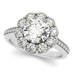 Halo Diamond Solitaire Ring Flower Shape With Accent 2.75 Carat WG 14K