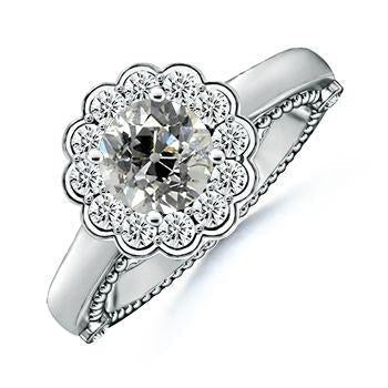 Halo redondo anel de diamante antigo corte de mina 2 quilates estilo flor milgrain - harrychadent.pt