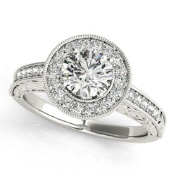 Halo Round Diamond Vintage Style Ring 1.25 Carat Engraved WG 14K