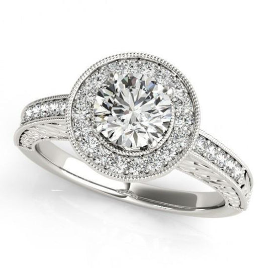 Anel Halo Redondo Diamante Estilo Vintage de 1.25 quilates gravado WG 14K - harrychadent.pt