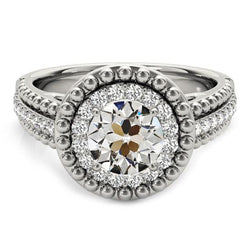 Halo Round Old Mine Cut Diamond Ring Beaded Style 4.50 Carats