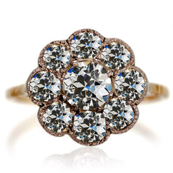 Halo Round Old Miner Diamond Ring Flower Style 10 Carats Yellow Gold