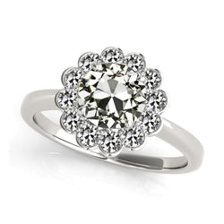 Halo Round Old Miner Diamond Ring Flower Style 14K Gold 3.50 Carats