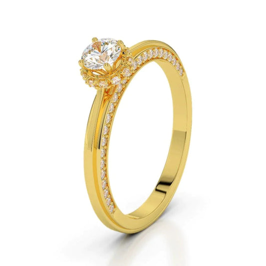 Anel de noivado com halo oculto corte redondo diamante brilhante ouro amarelo 14 quilates