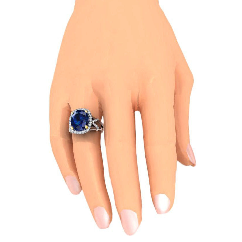 Anel de pedra preciosa de safira azul oval e diamante de corte redondo 7.81 quilates