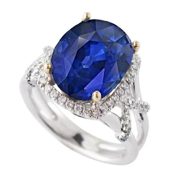 Anel de pedra preciosa de safira azul oval e diamante de corte redondo 7.81 quilates - harrychadent.pt