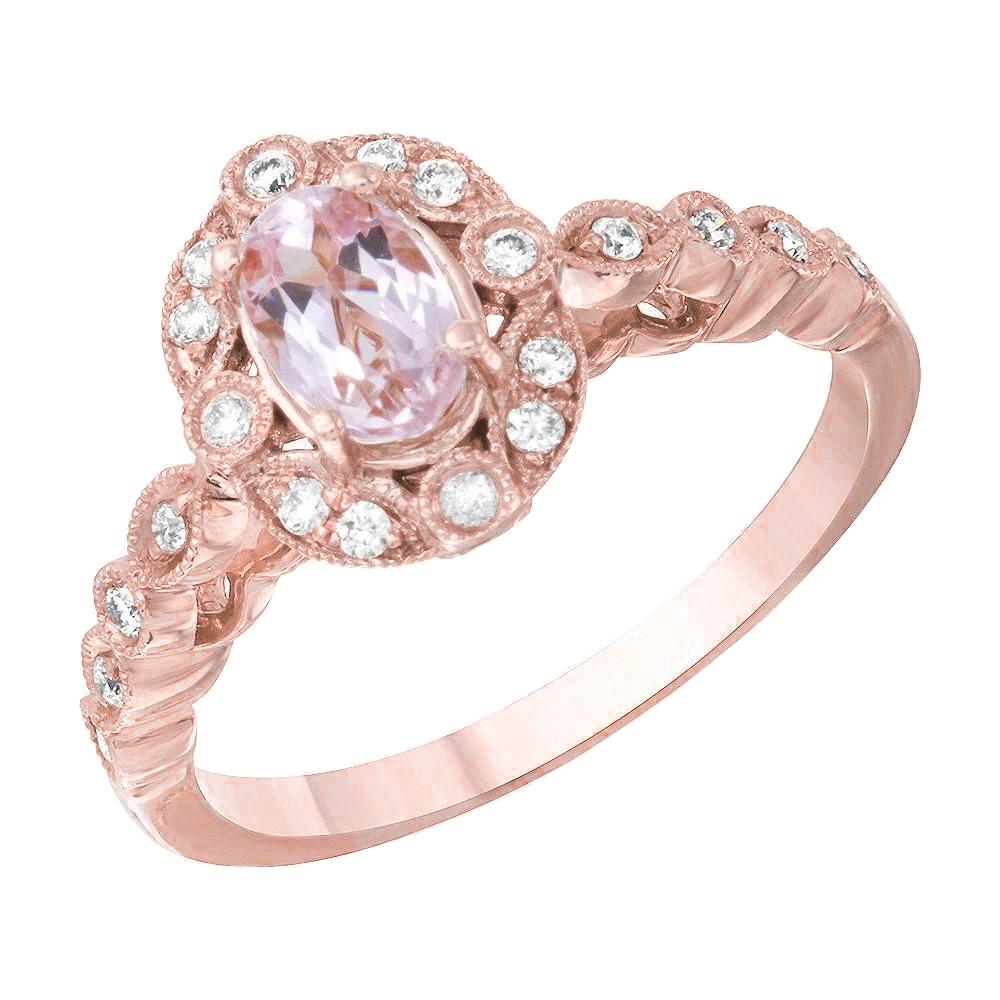 Anel de kunzita rosa e bisel de diamante 13,30 quilates ouro rosa 14K