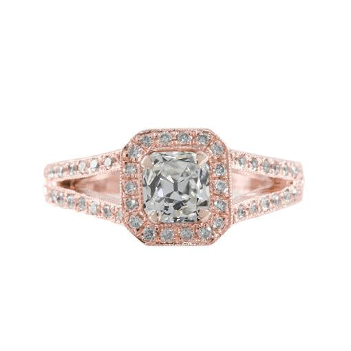 Almofada de halo de ouro rosa antigo mineiro anel de diamante 2 quilates de haste dividida - harrychadent.pt