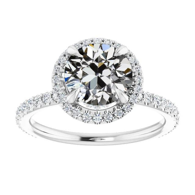 Anel de casamento redondo de halo de diamante antigo de mineiro 14K em ouro branco de 7 quilates - harrychadent.pt