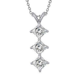 Three Stone Princess Cut Diamond Pendant Necklace 3.0 Carat WG 14K