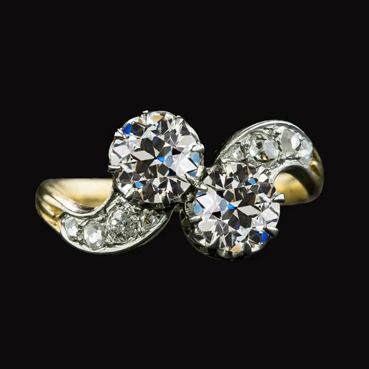 Toi et Moi ouro redondo antigo mineiro anel de diamante de dois tons 4.50 Quilates