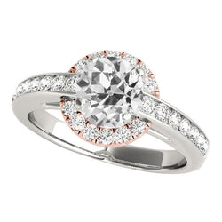 Two Tone Halo Ring Round Old Mine Cut Diamonds 4.50 Carats Channel Set