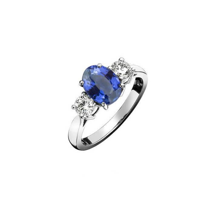 Ouro branco 14K três pedras 3.50 quilates safira e anel de diamantes - harrychadent.pt