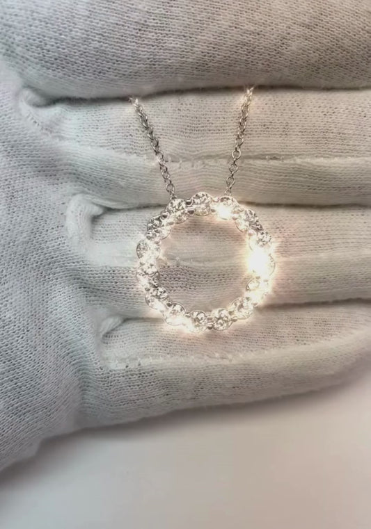 Circle Pendant Necklace 2.70 Carats Round Cut Diamonds White Gold 14K