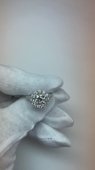 Halo redondo antigo corte de mina anel de diamante flor estilo ouro 6 quilates