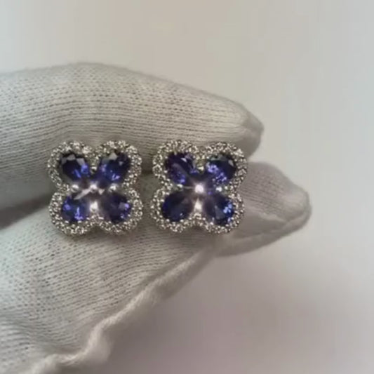 Brinco Cluster de Diamante de Safira Azul Pêra Ouro Branco 14K 4.66 Ct